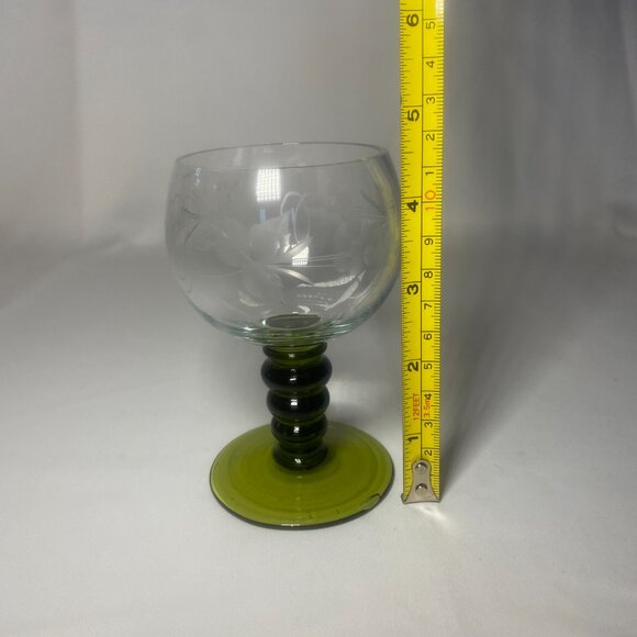 4 Vtg German Roemer Olive Green Wine Cordial Glass Etched Grape Vine Ball EUC - Picture 6 of 10